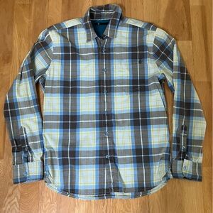 Volcom Men's Long Sleeve Button Down Plaid Shirt - Blue, Yellow, Brown and White